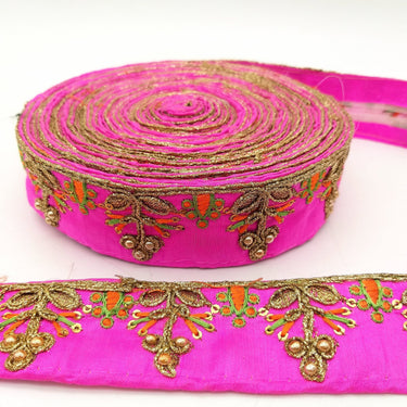 Fuchsia Pink Art Silk Trim In Orange And Gold Embroidery, Approx. 35mm wide, Decorative Trim